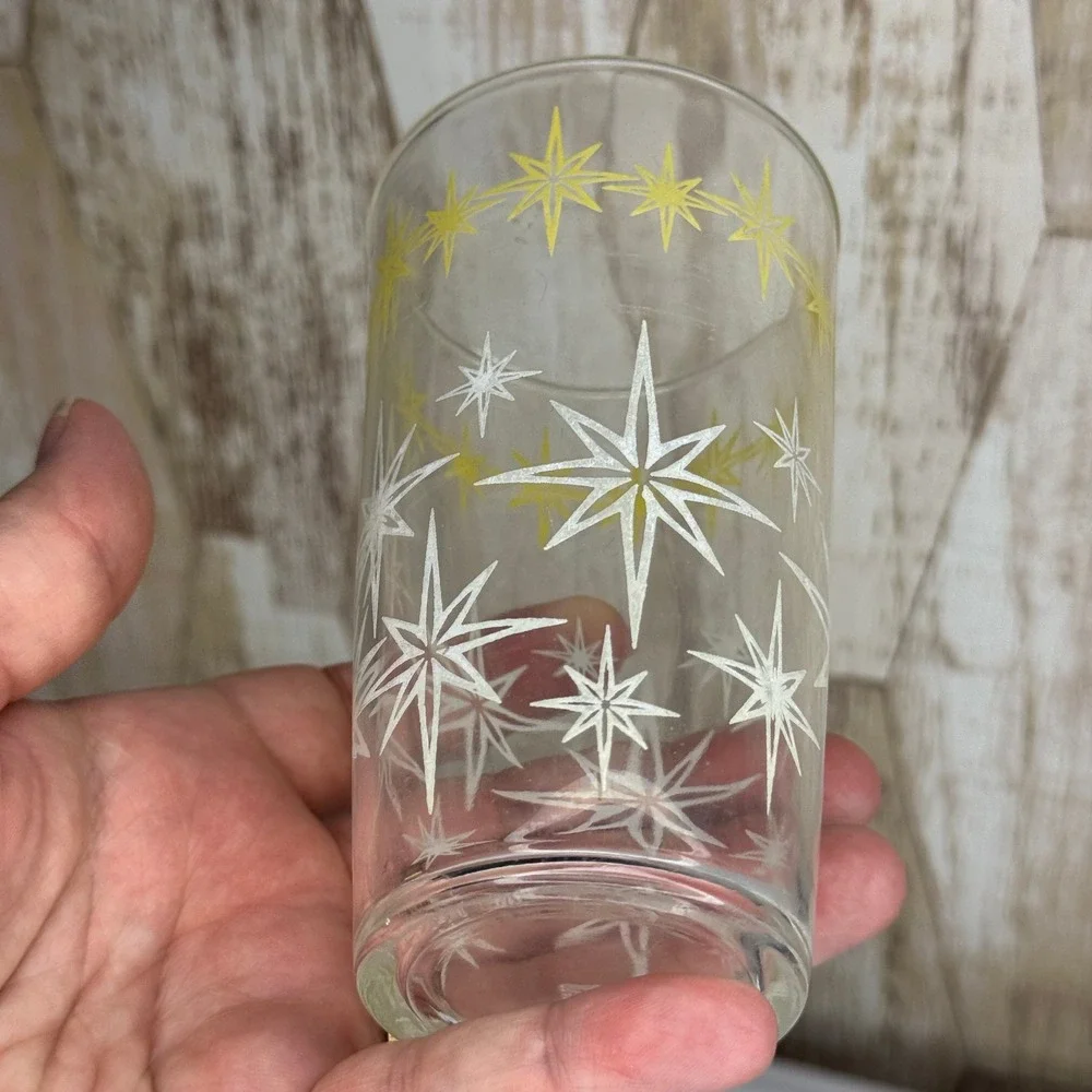 Vintage Hazel Atlas Starburst Glass Tumblers Set of 4 Yellow White Mid Century